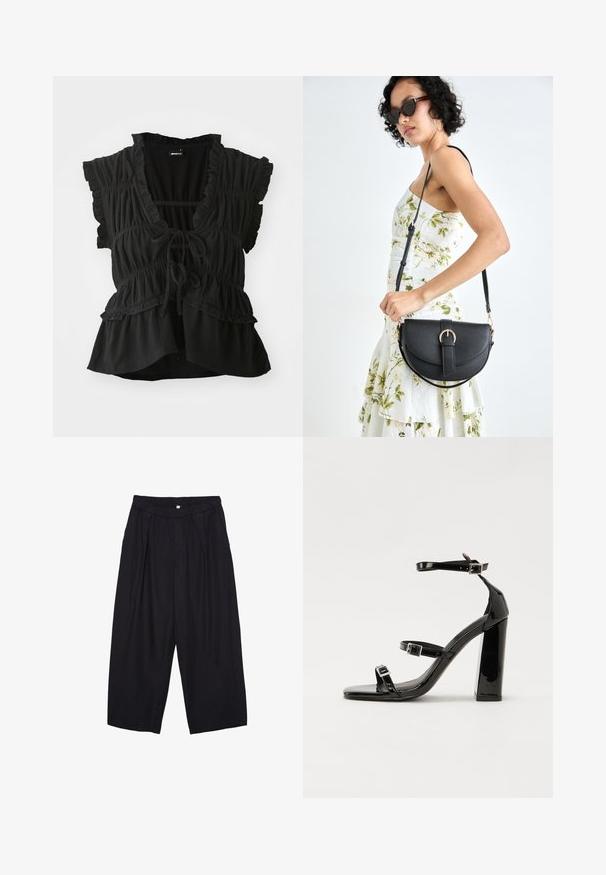 Čierny top s krátkymi volánovými rukávmi, výstrihom do V, zberanou textúrou, nastaviteľným viazaním vpredu a vrstveným volánovým lemom. Ľahký materiál.; Čierne polyesterové culotte nohavice s elastickým pásom, dvoma prednými záhybmi a voľným strihom. Žiadne viditeľné vzory ani detaily z kovu.; Čierne lakované sandále na podpätku so štvorcovou špičkou, navlečenými remienkami okolo členku a striebornými prackami. Disponujú masívnym blokovým podpätkom pre stabilitu.; Čierna kožená kabelka s zaobleným tvarom, odnímateľným popruhom a zlatými doplnkami. Kabelka má klopu s detailom s prackou.