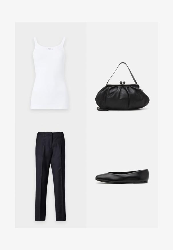 White ribbed tank top with thin straps, featuring a simple design and a fitted silhouette. Fabric is smooth with slight stretch.; Navy tailored trousers with a smooth texture, featuring a flat front, dual pleats, and belt loops. Straight-leg cut, finished hem.; Paul Smith TOPANGA - Ballet pumps - black; Black leather handbag with a rounded, pleated design. Features a metallic clasp with two decorative balls and a slim, detachable strap.