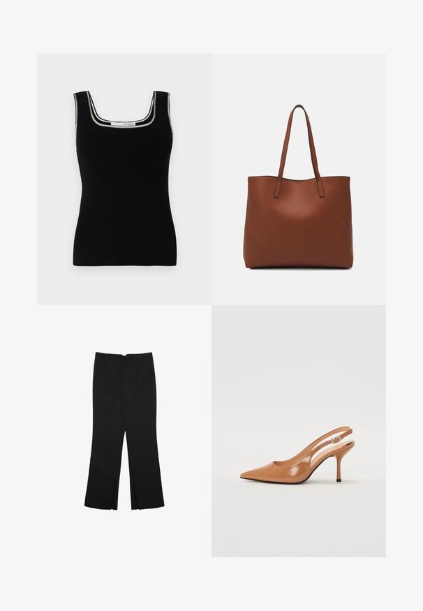 Mustasta ribatusta hihattomasta paidasta, jossa on neliön muotoinen pääntie. Ominaisuutena kontrastoiva valkoinen reunus kaula-aukossa. Valmistettu joustavasta kankaasta.; Mustat housut suoralinjaisella leikkauksella, joissa on etutaskut ja sivurei'ät helman alla. Valmistettu pehmeästä ja sileästä kankaasta. Sopii eri tilaisuuksiin.; Korkokenkä, jossa on terävä kärki ja avonainen kanna, valmistettu sileästä, kiiltävästä ruskeasta materiaalista. Sisältää kaarevan leikkuun muotoilun ja hoikan stilettokannan. Hopeinen solkiyksityiskohta.; Ruskea nahkainen olkalaukku, jossa on sileä pinta, avoin yläosa ja kaksi olkahihnaa. Omaavat vain minimaalisen ompelun eikä näkyvää metalliosaa.