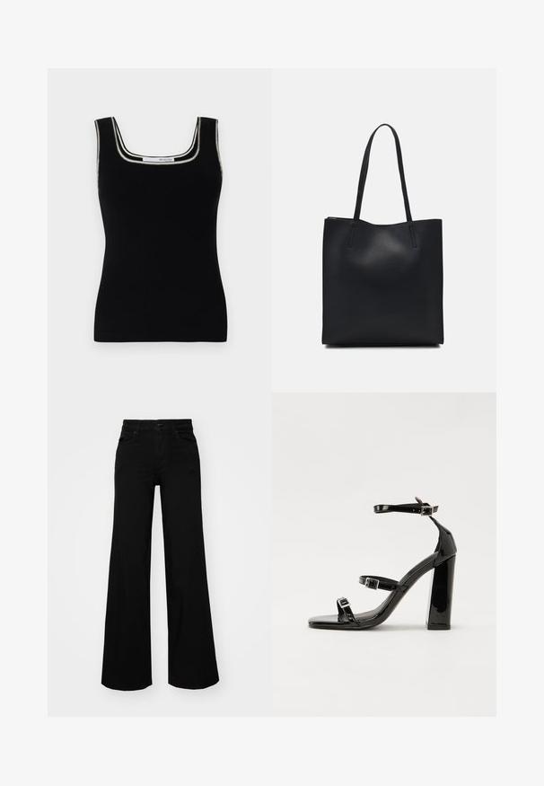 Débardeur noir à côtes avec un décolleté carré. Doté d'une bordure blanche contrastante le long du col. Fabriqué en tissu extensible.; Pantalons large en denim noir, dotés d'une taille structurée, de passants de ceinture et de poches avant. Texture lisse avec un design classique.; Sandales à talons hauts en cuir verni noir avec deux brides à boucles, bout carré et talon bloc épais, présentant une texture lisse et brillante.; Sac fourre-tout en cuir noir avec une texture lisse, de forme rectangulaire et deux longues poignées. Pas de matériel ou d'ornementations visibles.