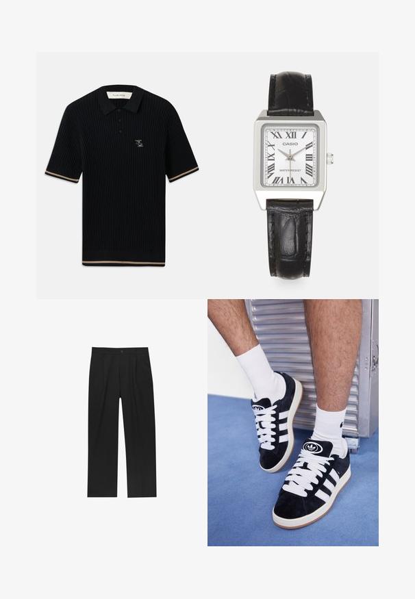 Svart ribbad kortärmad pikétröja med krage, tre knappar, beige kant på ärmar och nederkant, samt broderad FP-logotyp på vänster bröst.; Svarta byxor med rak ben-design, tillverkade av ett jämnt tyg. Har framfickor och en enkel knapplåsning i midjan.; Svarta mockaskor med vita snören och tre vita ränder. Har en rund svart logotyp på tungan och en gumminnedgummisula.; Silverfärgad fyrkantig klocka med vit urtavla, svarta romerska siffror och texten "VATTENRESIST". Svart läderarmband med strukturerad yta.