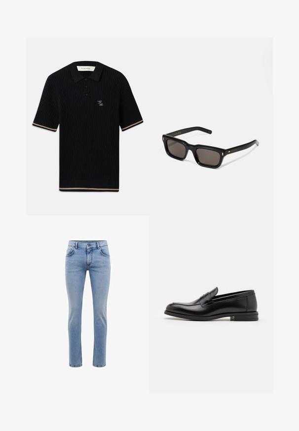 Čierna rebrovaná polokošeľa s krátkym rukávom a golierom, tromi gombíkmi, béžovým lemom na rukávoch a spodnej časti, a vyšitým logom FP na ľavej hrudi.; Svetlomodré džínsy s úzkym strihom, piatimi vreckami a rovnými nohavicami. Obsahujú zips a pásky na opasok. Mäkká textúra.; Čierne kožené mokasíny s hladkou textúrou, zaoblenou špičkou a dekoračným pásikom cez priehlavok. Nízky vrstvený opätok, minimalistický dizajn.; Čierne obdĺžnikové slnečné okuliare s tmavými sklami, hrubým plastovým rámom, zlatými detailami na spánkoch a vygravírovaným logom značky na ramene.