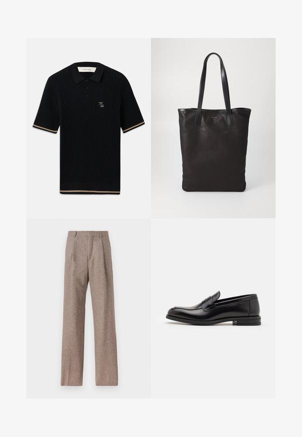 Čierna rebrovaná polokošeľa s krátkym rukávom a golierom, tromi gombíkmi, béžovým lemom na rukávoch a spodnej časti, a vyšitým logom FP na ľavej hrudi.; Hnedé, vysoké nohavice vyrobené z texturovanej látky. Majú široké nohavice a dva predné záhyby pre štruktúru. Úhľadné spracovanie bez viditeľného kovania.; Čierne kožené mokasíny s hladkou textúrou, zaoblenou špičkou a dekoračným pásikom cez priehlavok. Nízky vrstvený opätok, minimalistický dizajn.; Čierna plátená taška s čiernymi koženými ušami. Jednoduchý dizajn, priestranné telo a hladká textúra. Žiadne viditeľné logo ani vzory.