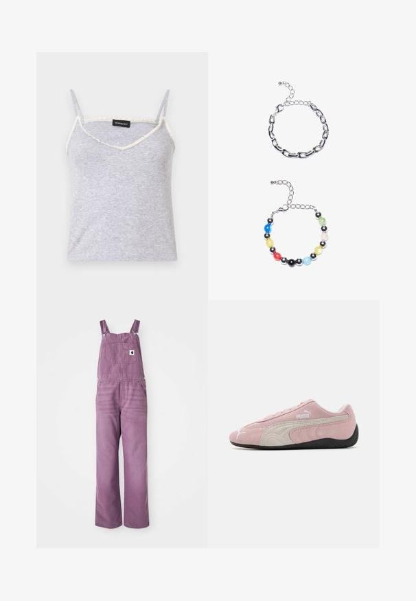 Gray ribbed tank top with adjustable spaghetti straps. Features a v-shaped neckline and frayed cream trim along the edges.; Green knitted polo shirt with short sleeves, featuring a textured pattern of large circles and button-up closure.; Purple denim overalls with adjustable straps, front pocket, and wide legs. Material shows slight texture; hardware features silver metal clips.; Pink suede sneaker with grey accents, streamlined design, textured upper, and black rubber sole. Features Puma logo on the side.; Silver chain bracelet featuring elongated links above. Below, a colorful beaded bracelet with black, blue, green, yellow, red, and clear beads.