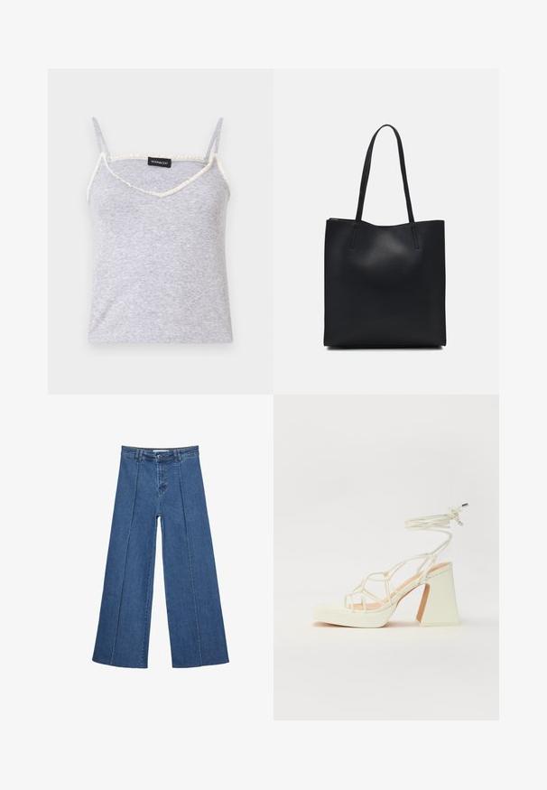 Top in maglia grigia a costine con spalline regolabili. Presenta un scollatura a V e una finitura sfilacciata color crema lungo i bordi.; Jeans in denim a gamba larga di blu medio, con vita alta, chiusura con bottone e dettagli delle cuciture verticali a contrasto lungo la parte anteriore.; Sandalo bianco con tacco alto, caratterizzato da un design a cinturini e un legaccio alla caviglia. Texture liscia con una piattaforma frontale per un'altezza aggiuntiva.; Borsa tote in pelle nera con texture liscia, forma rettangolare e due manici lunghi. Nessun hardware o decorazione visibile.