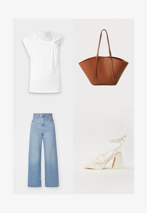 Hvit t-skjorte med korte ermer laget av lett materiale, med knute detalj på skulderen og en avslappet passform.; Lys blå høytlivs vide jeans med knapp- og glidelås lukking foran, foran og bak lommer, på en hvit bakgrunn.; Hvit høyhælte sandal med kraftig hæl, med en stroppe-design og ankelbånd. Glatt tekstur med plattform foran for ekstra høyde.; Brun skinn totebag med en bred, strukturert form, tynne håndtak og en teksturert overflate. Har et minimalistisk design uten synlige detaljer.