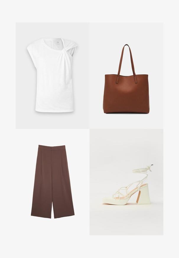 T-shirt bianco a maniche corte realizzato in tessuto leggero, con dettaglio annodato sulla spalla e vestibilità comoda.; Pantaloni ampi marroni con una texture liscia, caratterizzati da una vita alta e pieghe frontali. Il tessuto è leggero e scorre liberamente.; Sandalo bianco con tacco alto, caratterizzato da un design a cinturini e un legaccio alla caviglia. Texture liscia con una piattaforma frontale per un'altezza aggiuntiva.; Borsa tote in pelle marrone con texture liscia, design con apertura superiore e due spallacci. Presenta cuciture minime e nessun hardware visibile.