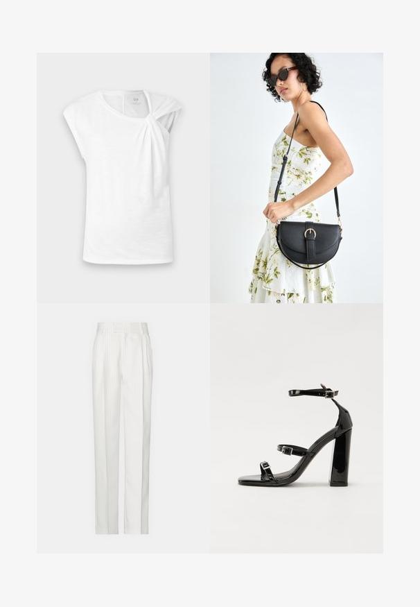 Balta trumpa rankovė t-marškiniai, pagaminti iš lengvos medžiagos, su mazgo detale ant peties ir laisvu siluetu.; Balti dryžuoti kelnės su tiesiu kojų dizainu, pagamintos iš lengvos medžiagos. Priekyje turi klostes ir tradicinį juosmenį.; Juoda blizgi lakuota basutė su kvadratiniu pirštu, kulkšnies dirželiais ir sidabro sagtimis. Yra tvirta blokinė kulno konstrukcija, užtikrinanti stabilumą.; Juodas odinis krepšys su išlenkta forma, nuimamu dirželiu ir auksiniais detalėmis. Krepšys turi kilpą su sagtimi.