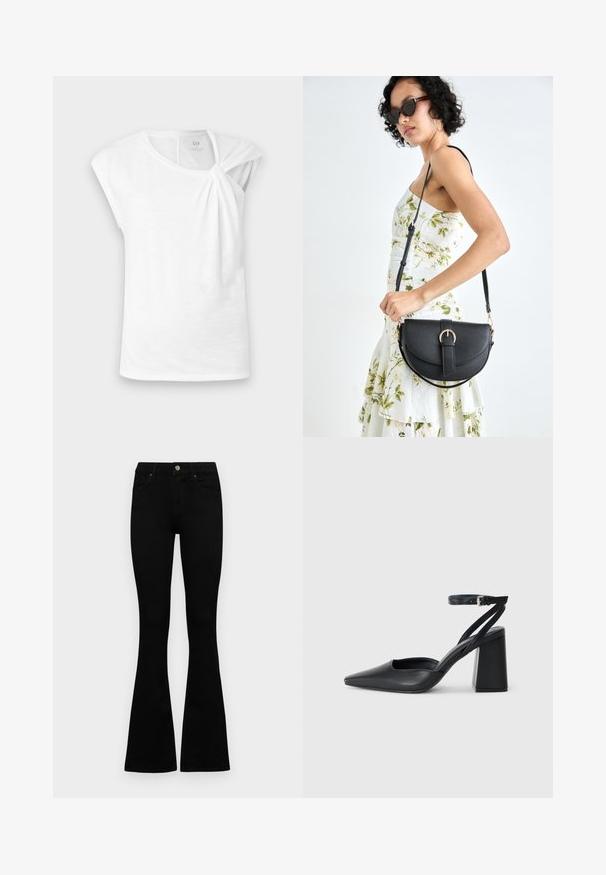 T-shirt blanc à manches courtes en tissu léger, avec un détail de nœud sur l'épaule et une coupe décontractée.; Jean noir taille haute avec fermeture à bouton et à zip, poches avant et jambes évasées, posés à plat sur un fond blanc.; Escarpin noir en cuir à bout pointu avec une bride de cheville et un talon épais. Texture lisse, design élégant et esthétique minimaliste.; Sac à main en cuir noir avec une forme courbée, bandoulière amovible et des accessoires en or. Le sac est doté d'un rabat avec un détail de boucle.