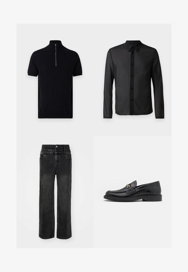 Ron Dorff Triko s potiskem - black; Černá košile s designem na knoflíky, dlouhými rukávy a bílým puntíkovaným vzorem, vyrobená z lehké, průsvitné tkaniny.; Široké černé džíny z denimu s vybledlým povrchem, se zapínáním na knoflík, pěti kapsami a kontrastním švem po stranách.; Černé kožené mokasíny s zaoblenou špičkou, vyznačující se zlatými kovovými detaily a prošíváním, umístěné na nízké, texturované gumové podrážce.