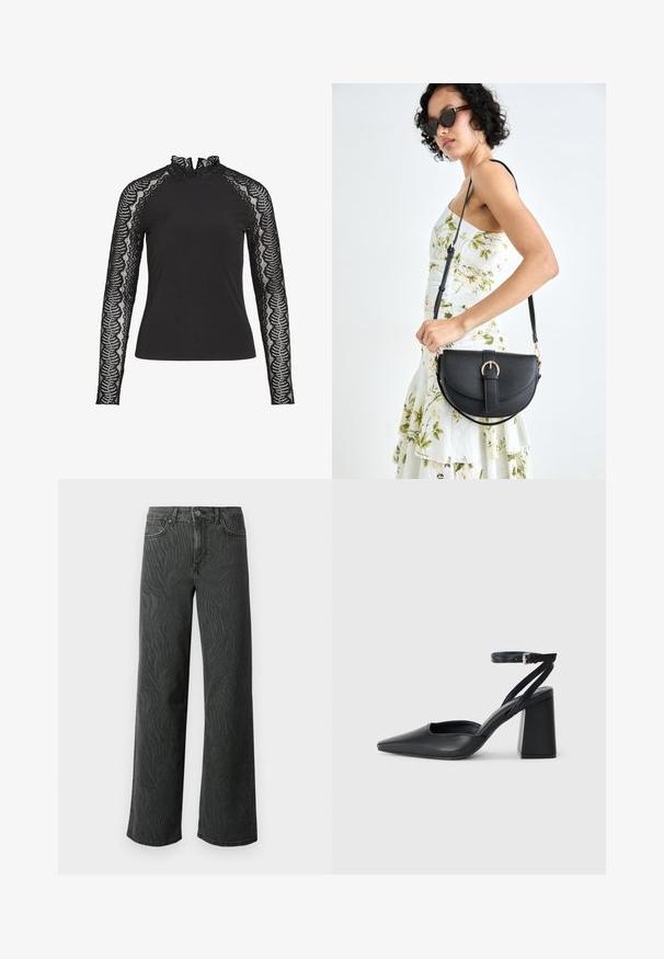 Juodas ilgomis rankovėmis viršus su aukštu raukšlėtu apykakle ir nėriniais rankovėse, turinčiomis banguotą raštą, pagamintas iš sklandžios medžiagos.; Platus džinsai tamsiai pilkoje denimo medžiagoje, su subtiliu zebro rašto tekstūra, kontrastinėmis siūlėmis ir penkių kišenių dizainu su mygtukiniu užsegimu.; Juoda odinė smailiagalė aukštakulnio bateliai su kulkšnies dirželiu ir storu kulnu. Lygus paviršius, elegantiškas dizainas ir minimalistiška estetinė. ; Juodas odinis krepšys su išlenkta forma, nuimamu dirželiu ir auksiniais detalėmis. Krepšys turi kilpą su sagtimi.; Aukso tono metalinės auskarai su stilingu, kreiviu dizainu. Išsiskiria ryškiu smailiu pavidalu, poliruota paviršiumi ir užsegimu su vyriu.