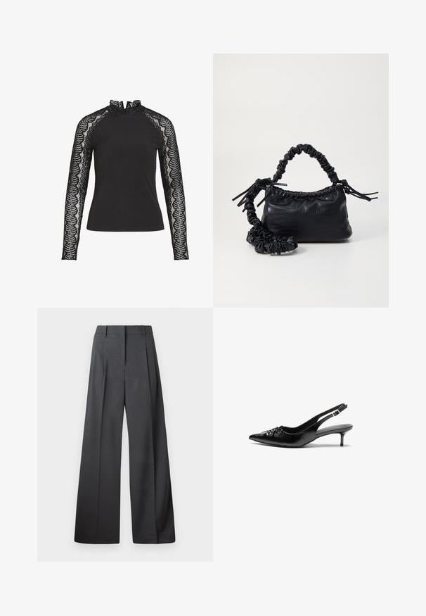 Black long-sleeve top with a high ruffled collar and lace sleeves featuring a scalloped pattern, made of a smooth fabric.; Wide-leg trousers in dark gray fabric, featuring a high waist, single pleats, and a smooth texture with a clean finish at the hems.; Black leather slingback heels with a pointed toe, low kitten heel, and gathered detail on the vamp. Smooth texture and minimalist design.; Black faux leather handbag with a crocodile texture, cinched top, and a scrunched strap. Appears soft and compact in design.