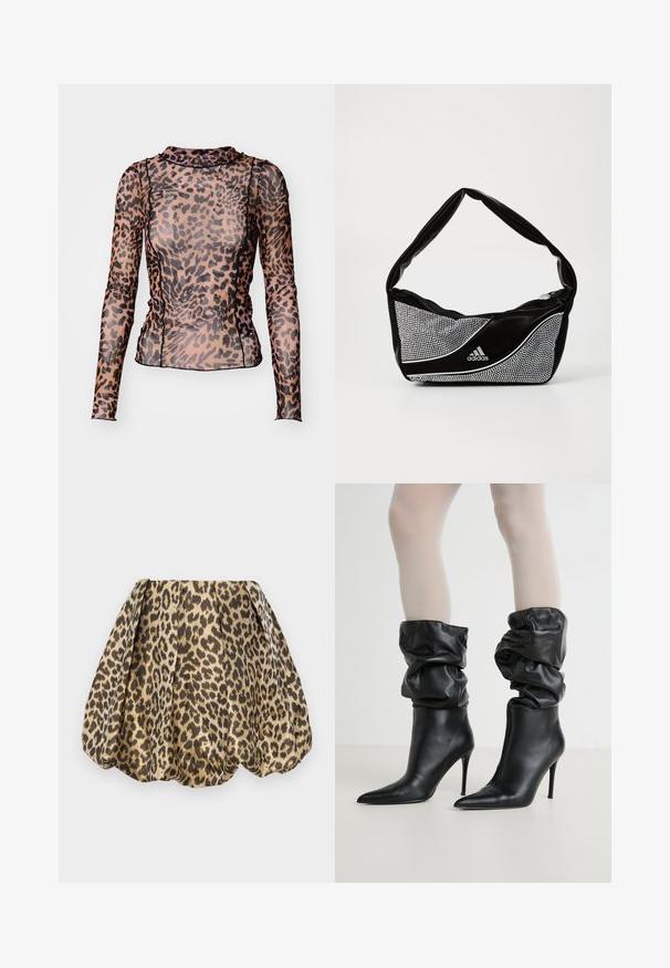 Long-sleeve top made of sheer material featuring a leopard print pattern in brown and black with a high neckline and fitted design.; Sister Jane LOLA SKIRT - A-line skirt - tan; Black leather ankle boots with a slouchy design, pointed toe, and high stiletto heel, featuring a soft, textured finish around the cuff.; Black and silver adidas handbag with a smooth texture, featuring a shiny studded pattern and a distinctive curved design.