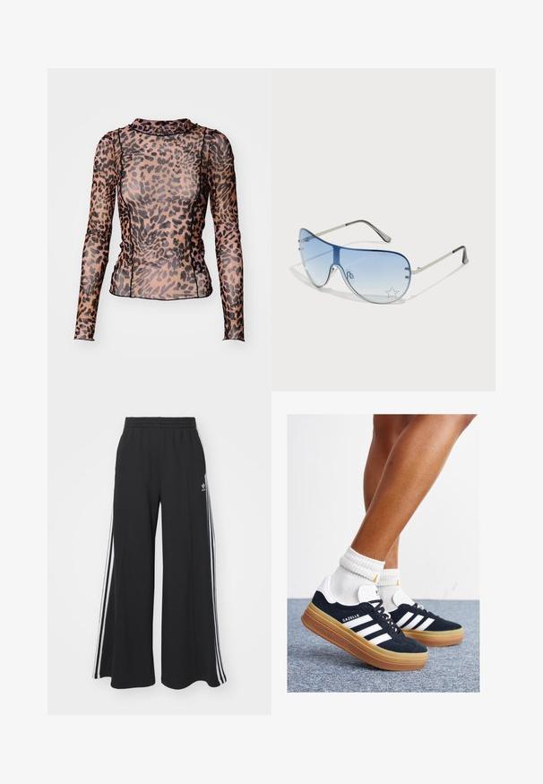 Long-sleeve top made of sheer material featuring a leopard print pattern in brown and black with a high neckline and fitted design.; Black wide-leg sweatpants with an elastic waistband, featuring white side stripes and an embroidered logo on the left thigh.; Black suede sneakers with white stripes and accents, rounded toe, gum rubber outsole, paired with white ribbed crew socks.; Aviator sunglasses featuring a gradient blue lens, silver metal frame, and decorative star accents on the lens. Smooth and sleek design.