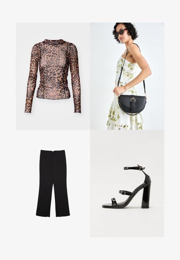 Dug sleeve top izrađen od prozirnog materijala s uzorkom leoparda u smeđoj i crnoj boji, s visokim ovratnikom i prilagođenim dizajnom.; Crne hlače ravnog kroja, s prednjim džepovima i bočnim prorezima na rubu. Izrađene od mekog i glatkog materijala. Pogodne za razne prigode.; Crne lakirane sandale na visoku petu s dva remena s kopčama, kvadratnim vrhom i masivnom blok petom, s glatkom, sjajnom teksturom.; Crna kožna torba s lukovitim oblikom, odvojivim remenom i zlatnim detaljima. Torba ima preklop s kopčom.