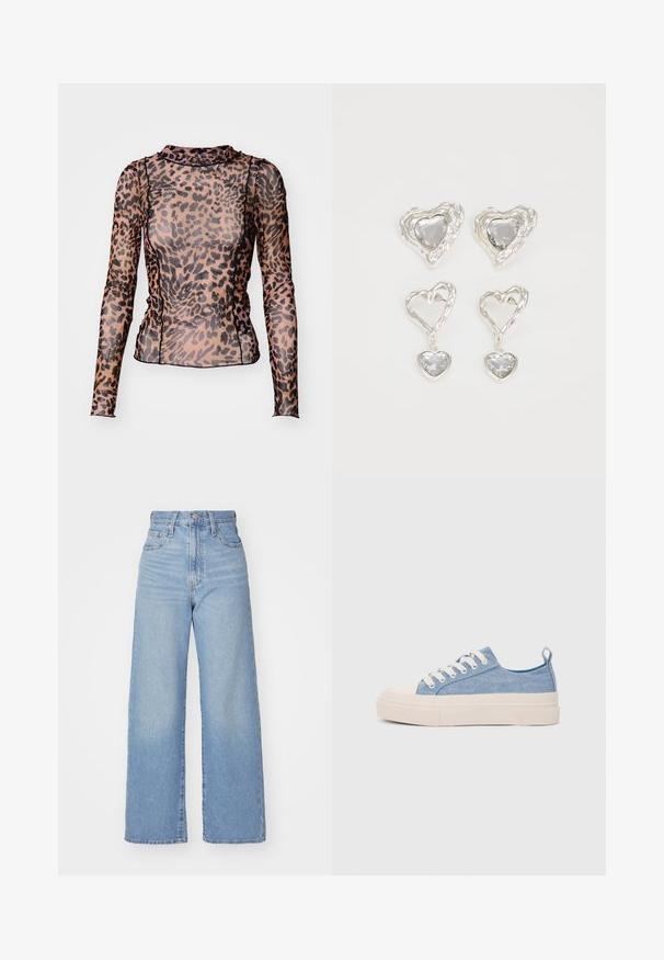 Long-sleeve top made of sheer material featuring a leopard print pattern in brown and black with a high neckline and fitted design.; Light blue high-waist wide-leg jeans with front button and zip closure, front and back pockets, on a white background.; Light blue canvas sneakers with a cream rubber toe cap and outsole, featuring white laces and a pull tab on the heel.; Silver heart-shaped earrings feature faceted clear stones, with a textured frame. The set includes stud and drop styles.