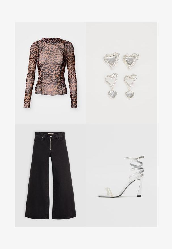 Ilga piedurkne topi izgaismoto materiālu ar leoparda rakstu brūnā un melnā krāsā, augstu kakla izgriezumu un pieguļošu dizainu.; Platas kājas džinsi melnā džinsa audumā ar rāvējslēdzēju priekšā, piecu kabatu dizains un smalkas šuvju detaļas. Gluda tekstūra un ikdienišķs stils.; Sudrabaini augstpapēžu sūna ar spīdīgu siksnu dizainu, kurā ir pērlēm līdzīgs akcents un spirālveida potītes siksna drošai pieguvei.; Sudraba sirds formas auskari ir rotāti ar daudzšķautņainiem caurspīdīgiem akmeņiem un ar teksturētu rāmi. Komplektā iekļauti gan pērlīšu, gan pilienu stili.