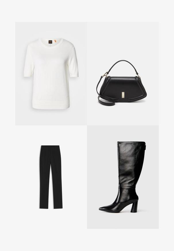 White short-sleeve knit top with a round neckline, ribbed hem, and soft texture. Logo tag with orange accent at the collar.; Black tailored trousers with a straight-leg design, featuring front pockets and a smooth, textured fabric. Neat, minimal detailing.; Knee-high black leather boot with a pointed toe, smooth texture, and a chunky heel. Features a zipper detail at the back.; Black leather handbag with a structured design, featuring a cropped shape, top handle, and gold hardware accent. Adjustable shoulder strap included.