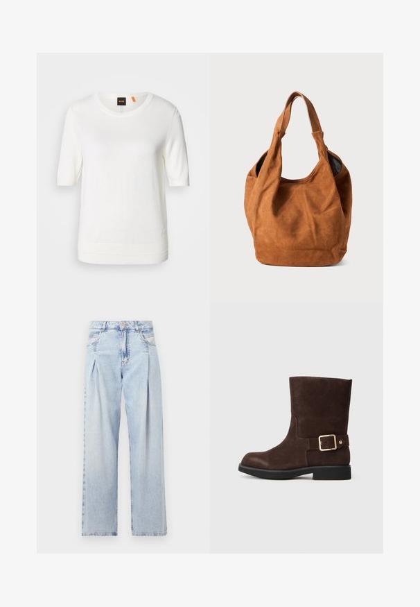 Biely krátky rukáv pletený top s okrúhlym výstrihom, rebrovaným lemom a jemnou textúrou. S logom na štítku s oranžovým akcentom na golieri.; Svetlomodré džínsy s vysokým pásom, širším strihom po celej dĺžke, dvoma bočnými vreckami a skladaným dizajnom. Mäkka textúra s vyblednutým vzhľadom.; Hnedé semišové členkové topánky so zaoblenou špičkou, plochou čiernou podrážkou a zlatou prackou na boku. Hladká textúra a jednoduchý dizajn.; Hnedá semišová kabelka cez rameno s jemnou textúrou, zakriveným tvarom a dvoma ušami. Vyznačuje sa minimalistickým dizajnom bez viditeľného hardvéru či akcentov.