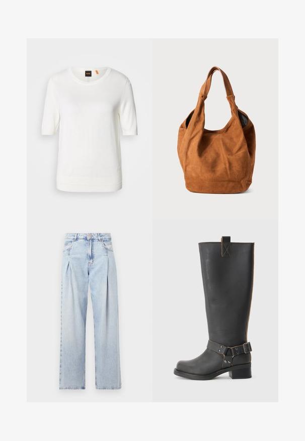 Valge lühikeste varrukatega kootud topp ümmarguse kaelusega, ribadega äärisega ja pehme tekstuuriga. Krae ääres oranž aktsent logotag.; Heledad sinise denimist valmistatud teksapüksid kõrge vöökohaga, laia jala lõikega, kahe külje taskuga ja pleedi disainiga. Pehme tekstuur ja pleekinud viimistlus.; Mustast nahkast kuni põlvede kõrgune saabas tekstureeritud viimistlusega, külgedel on pandlaaktsent ja madal konts. Õmbluste juures on detailne tikand.; Pruun nubukist õlakott pehme tekstuuri, kumeriku kuju ja kahe käepideme ning minimaalsete joontega. Funktsioneerib ilma nähtava riistvara või aksessuaarideta.