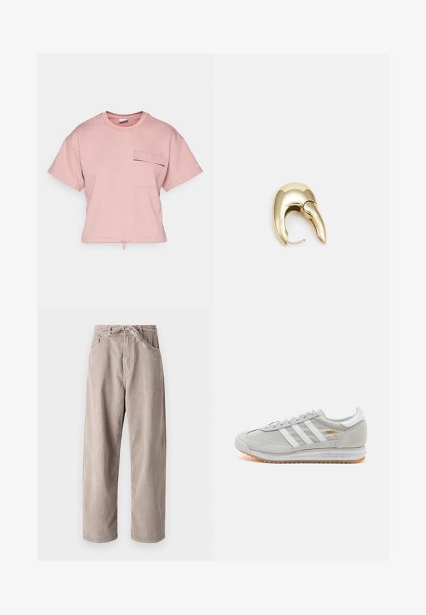 Rozā īsa T-krekls, kas izgatavots no mīksta auduma. Tam ir īsas piedurknes, priekšējā kabata ar atloku un aukliņa apakšmalā regulēšanai.; Bežīgas korduroja bikses ar brīvu piegriezumu, ar saistāmām jostām, divām priekšējām kabatām un vertikālu ribotu tekstūru.; Gaišpelēka kedas, izgatavotas no zamša un sieta, ar trim baltām svītrām, apaļu purngalu un gumijas zoli. Zelta logo akcenta detaļa blakus auklām.; Zeltīti metāla auskari ar gludu, izliekta dizaina. Ar atšķirīgu smailu formu, pulētu virsmu un eņģu aizdari.