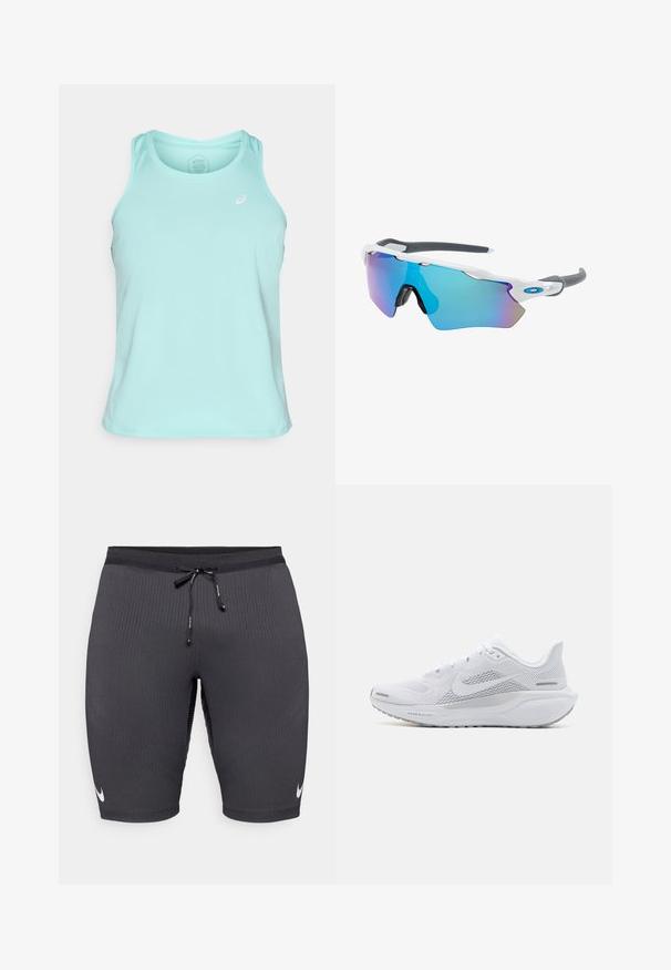 Jasnoniebieski, sportowy top bez rękawów, wykonany z gładkiego, oddychającego materiału. Posiada okrągły dekolt i akcent z logo na lewej piersi.; Czarne szorty sportowe z żebrowanej tkaniny, posiadające elastyczny pas z sznurkiem i małe białe logo Nike po lewej stronie.; Białe buty sportowe z siateczkową cholewką, gładkimi naszywkami, szarymi akcentami, sznurówkami i amortyzowaną podeszwą zaprojektowaną z myślą o wydajności.; Okulary przeciwsłoneczne z białą oprawą, szarymi akcentami i niebieskimi lustrzanymi soczewkami. Sportowy design, kształt otaczający, z regulowanymi noskami.