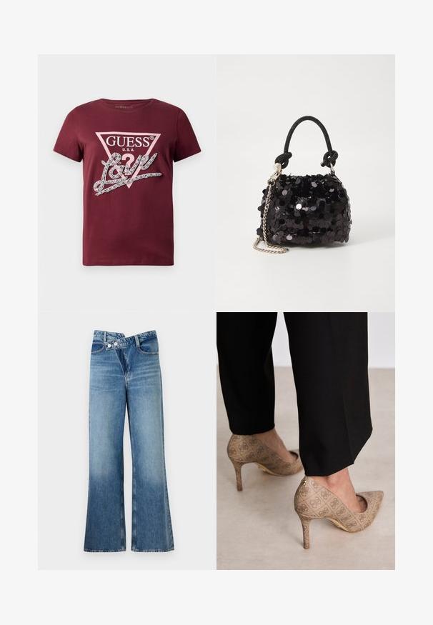 Burgunderfarvet T-shirt med korte ærmer med en lys rosa GUESS USA trekantlogo og kursiv "Love" tekst udsmykket med rhinsten.; Lysblå denim flared jeans med høj talje, der har to knapper og forlommer. Stoffet har en falmet struktur med subtile variationer.; Beige høje hæle med et struktureret stof, der har et gentaget mønster. Spids tådesign med en bagsideaccent og guldhælsdetail.; Sort pailette mini håndtaske med en knyttet struktureret rem og sølv kæde. Rund form med samlet top og reflekterende detaljer.