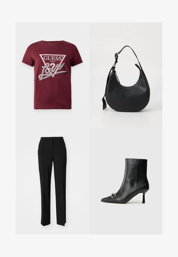 T-shirt de manga curta em vinho com o logótipo triangular GUESS USA em rosa claro e o texto "Love" em cursiva adornado com strass.; Calças pretas de corte ajustado com um design de perna reta, apresentando uma textura lisa e pregas bem definidas na frente. Sem hardware visível.; Bota preta de couro até ao tornozelo com bico apontado, salto slim de altura média e detalhe em fivela prateada de lado, contra um fundo simples.; Bolsa de ombro de couro preto com forma curva, fecho de zip e alça ajustável. Apresenta o logótipo da marca em relevo na parte da frente.