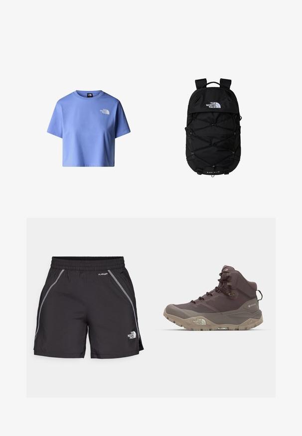 Krótka koszulka z jasnoniebieskiej bawełny, z krótkimi rękawami i małym białym logo na piersi. Gładka faktura i klasyczny krój.; Czarne szorty sportowe wykonane z lekkiego materiału mają elastyczny pas, odblaskowe detale oraz logo "The North Face" po lewej stronie.; The North Face OFFTRAIL ochra; Czarny plecak z zamykaną główną komorą, elastycznym projektem bungee, wyściełanymi szelkami i logo z przodu; wykonany z trwałego materiału.; Czarna torba na biodra wykonana z trwałego nylonu, z zapinanym na zamek kieszonką z podwójnymi suwakami oraz kontrastowym białym logo i napisem. Kompaktowy design z regulowanymi paskami.