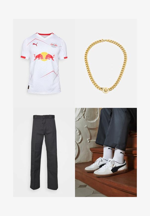 Fehér focimez vörös részletekkel, V-nyakkal, geometrikus mintázattal, Red Bull logóval és a Puma márka logójával a vállán.; Fekete nadrág tartós anyagból, egyenes szárú kivitelben, övhurkokkal ellátott derékkal és további textúrát adó varratokkal.; Fehér és fekete velúr Puma sportcipők, barna gumitalppal. Fehér zoknival párosítva, amely fekete logót visel, sötét nadrággal kombinálva.; Arany lánc nyaklánc nagy, egymásba fonódó gyűrűkkel, középen egy kiemelkedő emblémával ellátott kört alakító medállal.