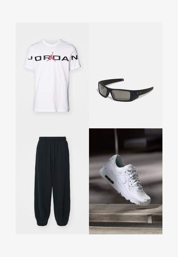 Balta medvilnės marškinėliai su ryškiai juodais rašmenimis "JORDAN" ir raudonu Jumpman logotipu, trumpomis rankovėmis ir apvalia iškirpte.; Juodi, su elastiniu juosmeniu sportiniai kelnės su laisvu siluetu, suapvalintais kulkšnimis, lygia tekstūra ir be matomų raštų ar metalinių akcentų.; Baltos Nike Air Max 90 sportbačiai su.comi ir odos viršumi, perforuota pirštų dėžute ir matomu oro pagalvėle kulne.; Juodi akiniai saulės su matinio paviršiaus užbaigimu, stačiakampiai lęšiai, švelnus lenkimas ant šventyklų, subtilus logotipo detalizavimas ir dūminiai lęšiai.