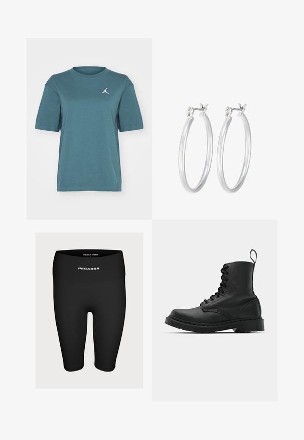 Jordan TEE - T-shirt basic - oxidized green; Zwarte sportshorts van rekbaar stof, met een hoge tailleband en een wit logo "PEGADOR" aan de voorkant.; Zwarte leren gevechtslaars met een ronde neus, vetersluiting aan de voorkant en een lusje bij de enkel. Kenmerkt zich door een dikke rubberen zool voor duurzaamheid.; Zilveren oorbellen in de vorm van een gladde, gepolijste ring. Ronde vorm met een veilige kliksluiting. Lichtgewicht ontwerp, geschikt voor dagelijks gebruik.