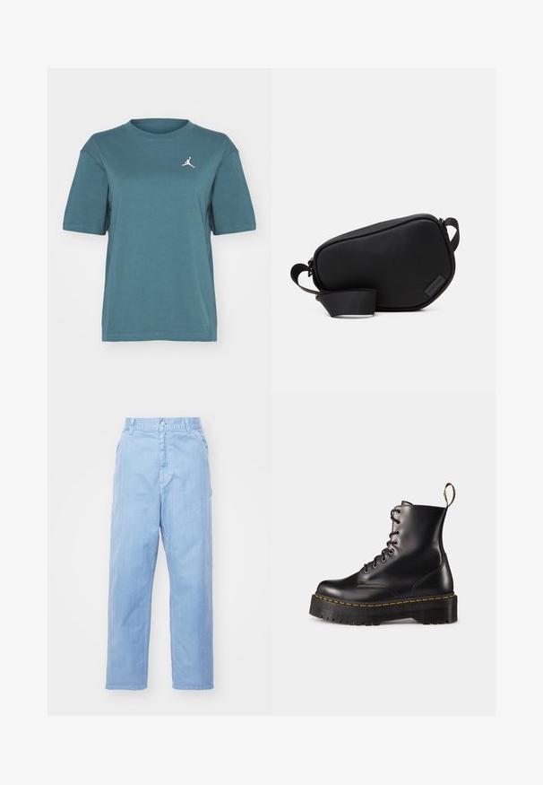 Jordan TEE - T-shirt básica - oxidized green; Calças de denim azul-claro com um design de perna reta, fecho de botão e bolsos frontais. O tecido tem uma textura subtil com um acabamento suave.; Botas de tornozelo em couro preto com atacadores, com uma sola robusta preta e costura amarela. Apresenta uma alça na parte de trás e ilhós metálicos circulares.; Bolsa crossbody preta, com fecho a correr, feita de material suave, apresentando uma forma plana, uma alça única e um pequeno detalhe de logotipo. Design minimalista.