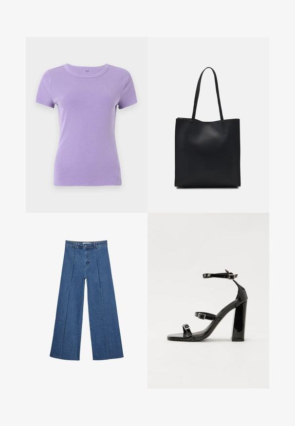 Lilla kortærmet T-shirt med ribbet tekstur og rund halsudskæring. Har et subtilt logo på kraveområdet.; Bredde ben denim jeans i mellemblå, med høj talje, knaplukning og kontrasterende lodrette sømdetaljer foran.; Sorte patenterede hælsandaler med firkantet tå, ankelremme og sølvspænder. Har en chunky blokHæl for stabilitet.; Sort læder tote taske med glat tekstur, rektangulær form og to lange hanke. Ingen synlig hardware eller udsmykninger.