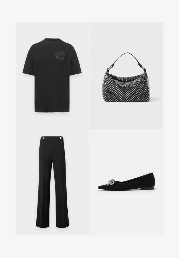 Black cotton T-shirt with a relaxed fit, round neckline, and subtle tonal logo text on the left chest. Short sleeves, smooth texture.; Black high-waist wide-leg trousers with front seams and two gold buttons on the waistband, against a white background.; Black suede flat shoe with a pointed toe, adorned with a decorative silver bow detail on the front, featuring a low heel.; Black and silver handbag with a woven, textured surface featuring square patterns, a single top handle, and a slouchy design.
