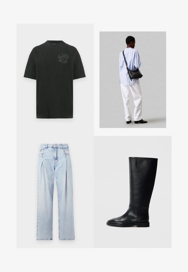 Melna kokvilnas T-krekls ar brīvu piegriezumu, apaļu kakla izgriezumu un maigu tonālu logotipa tekstu kreisajā krūtī. Īsas piedurknes, gluda tekstūra.; Gaiši zilas džinsu bikses ar augstu jostasvietu, plats kāju griezumu, divām sānu kabatām un krokotā dizaina akcentiem. Mīksta tekstūra ar izdilušu apdari.; Melnas ādas līdzceļgala zābaki ar noapaļotu pirkstu, gludu tekstūru, minimālistisku dizainu un plakanu zoli. Vienkāršas šuvju detaļas uz zābaku augšdaļas.; Melna ādas plecu soma ar mīkstu tekstūru, trīsstūra formu un regulējamu siksnu, apvienota ar gaiši zilu svītrotu krekli un baltām biksēm.
