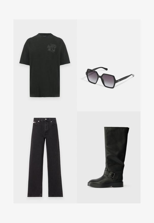 Čierne bavlnené tričko s voľným strihom, okrúhlym výstrihom a jemným tonálnym textom loga na ľavej strane hrude. Krátke rukávy, hladká textúra.; Čierne široké džínsy vyrobené z denimu, s vysokým pásom, piatimi vreckami a kovovým zapínaním s kontrastným šitím.; Čierne kožené čižmy do kolien s hladkým povrchom, zaoblenou špičkou, hrubou podrážkou a vodorovným remienkom s detaileme v tvare obdĺžnika.; Čierne hexagonálne slnečné okuliare s gradientovými šošovkami, majú lesklý povrch a diskrétne logo na stranici. Vyrobené z odolného plastu.