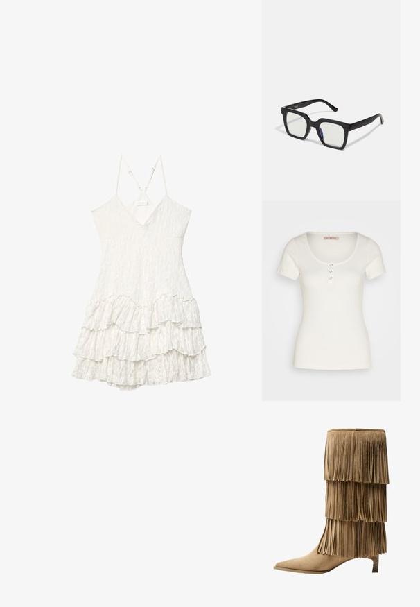 Hvid ribbet kortærmet top med en rund halsudskæring, der har tre dekorative knapper foran. Glat tekstur, figursyet design.; Hvid ærmeløs blondekjole med V-hals, justerbare tynde stropper og lagdelt flæsekjole detalje.; Fringe ankelstøvle i tan ruskind med tre lag af frynser. Spids tå og en lav blokhæl. Glat tekstur over det hele.; Sorte firkantede solbriller med mat finish, udstyret med transparente linser og en svag blå nuance på den ene side. Robust, vinkelret design.; PULL&BEAR SHOPPER - Shopping bags - grey