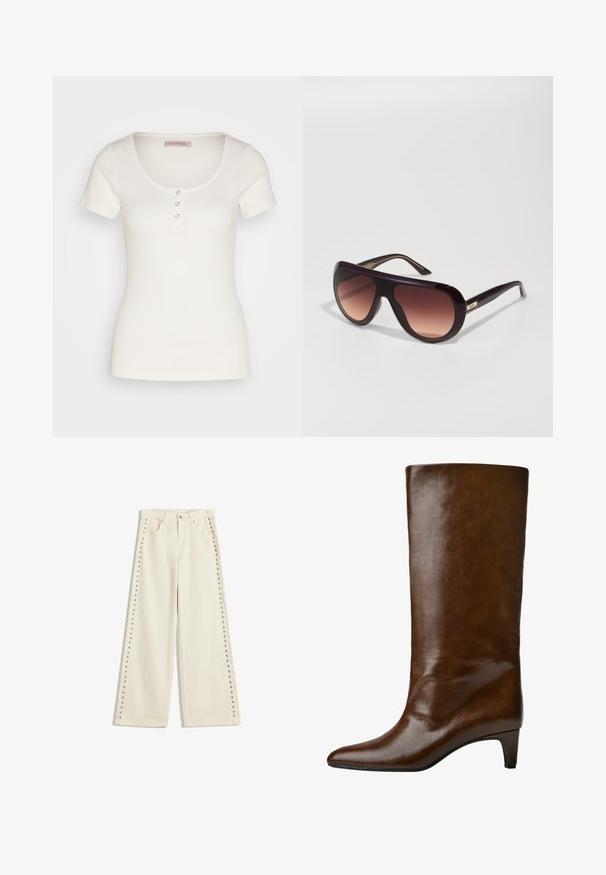 Valkoinen ribattuja lyhythihainen toppi, jossa on pyöreä kaula-aukko ja kolme koristeellista nappia edessä. Sileä pinta, tiukka malli.; Vaalean kermaiset leveät farkut, joissa on metalliset niittiakcentit ulkopolvissa, viisi taskua ja normaali nappisulku.; Ruskeat nahkabuutsit, joissa on terävä pää ja kapeneva korko, omaavat sileän pinnan ja yksinkertaisen muotoilun.; Aurinkolasit, joissa on syvän viininpunainen muovikehys, ylisuuria pyöreitä linssejä, joissa on gradientti tummasta ruskeasta vaaleaan, ja kultaiset yksityiskohdat varsissa.; Ruskea nahkalaukku, jossa on kaareva yläosa, lyhyt kahva ja pitkät hihnat. Varustettu kultaisilla yksityiskohdilla ja sileällä pinnalla.