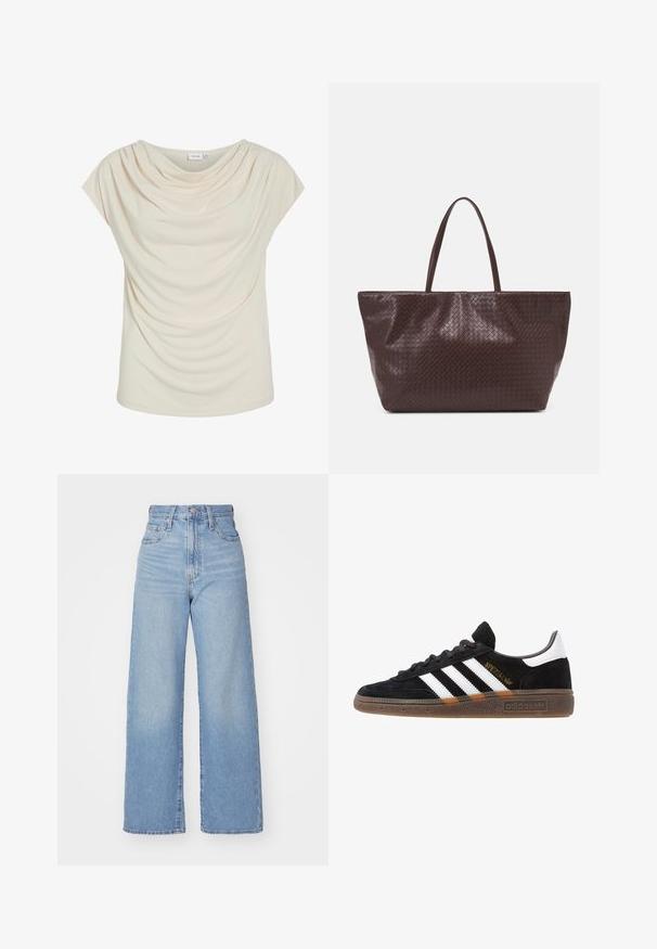 Crème kleurige top met een zachte cowl halslijn, gedrapeerde stof, korte mouwen en een relaxed fit. Gladde textuur; minimalistisch ontwerp.; Lichtblauwe high-waist wijde jeans met een knoop- en ritssluiting aan de voorkant, voor- en achterzakken, op een witte achtergrond.; Zwarte Adidas sneaker met witte strepen, gouden "Spezial" tekst, gumzool en witte hieltab, weergegeven in zijaanzicht.; Bruine gevlochten leren tote bag met twee handvatten, een gestructureerde vorm en een getextureerd oppervlak, met een diamantpatroon overal.