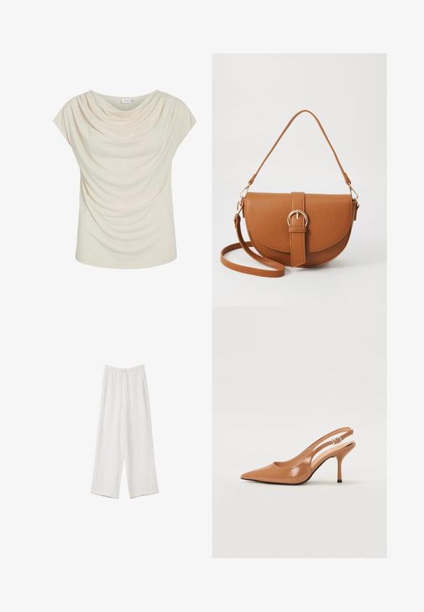 Cremfarbener Oberteil mit sanftem Cowly-Ausschnitt, drapiertem Stoff, kurzen Ärmeln und lässiger Passform. Glatte Textur; minimalistisches Design.; Weiße weit geschnittene Hose aus leichtem Stoff. Mit einem elastischen Bund und Kordelzug sowie Seitentaschen. Glatte Textur.; Spitz zulaufender Slingback-Absatz aus einem glatten, glänzenden, tanfarbenen Material. Mit einem geschwungenen Ausschnitt-Design und einem schlanken Stiletto-Absatz. Silberne Schnallendetails.; Braune Leder-Crossbody-Tasche mit geschwungener Form, goldfarbenen Beschlägen und einer Schnallenakzentuierung. Verfügt über einen abnehmbaren Schultergurt.