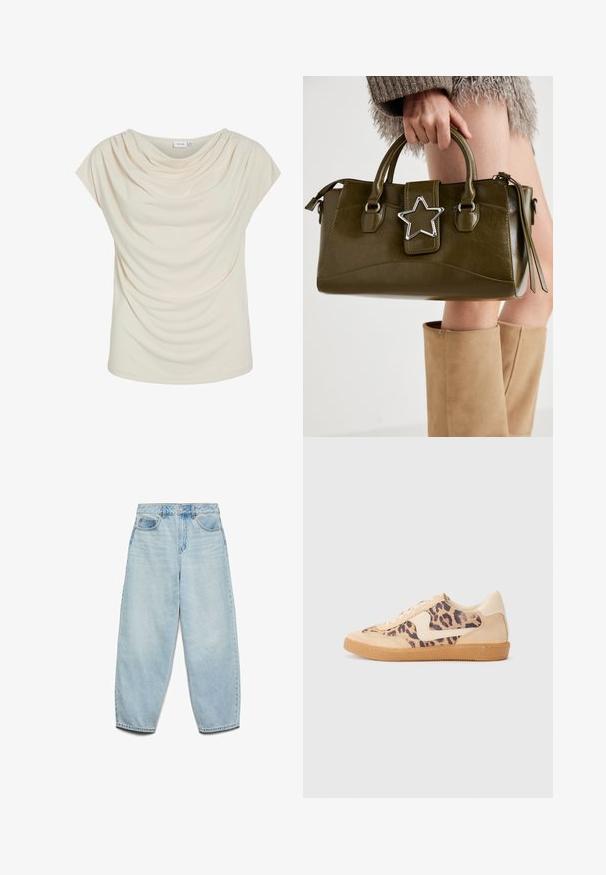 Cream-colored top with soft cowl neckline, draped fabric, short sleeves, and a relaxed fit. Smooth texture; minimalistic design.; Light blue denim jeans featuring a relaxed fit, high waist, and wide legs with a slightly faded texture and classic five-pocket design.; Leopard print sneakers with beige suede upper, tan rubber sole, and white accents. Round toe and lace-up design with a textured finish.; Olive green faux leather handbag with silver star accent, dual handles, and a zip closure. Textured surface and structured shape.