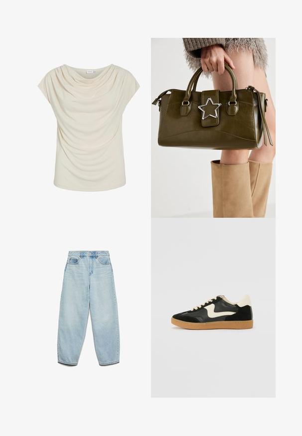 Cremfarbener Oberteil mit sanftem Cowly-Ausschnitt, drapiertem Stoff, kurzen Ärmeln und lässiger Passform. Glatte Textur; minimalistisches Design.; Hellblaue Denim-Jeans mit entspannter Passform, hoher Taille und weiten Beinen, die eine leicht verblasste Textur und ein klassisches Fünf-Taschen-Design aufweisen.; Schwarze Wildleder- und Leder-Sneaker mit einem cremefarbenen Seiten-Swoosh und einer hellcremefarbenen Ferse. Ausgestattet mit beige Schnürsenkeln und einer Gummilaufsohle.; Olivgrünes Kunstlederhandtasche mit silbernem Sternakzent, doppelten Griffen und einem Reißverschluss. Strukturierten Form und texturierten Oberfläche.