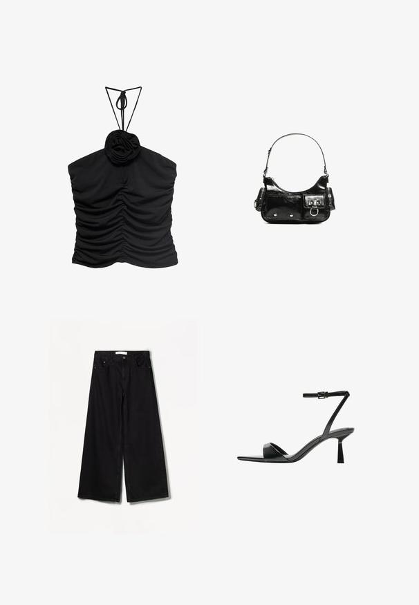 Sort halterneck top med justerbare stropper, rynket stofdesign og en roset-formet accent ved halsudskæringen. Glat tekstur.; Bershka WIDE-LEG - Wide leg - black; Bershka Højhælede sandaletter / Højhælede sandaler - black; Sort patenteret læder håndtaske med en buet form, en skulderrem, frontlommer og hardware accenter i sølvfarve.