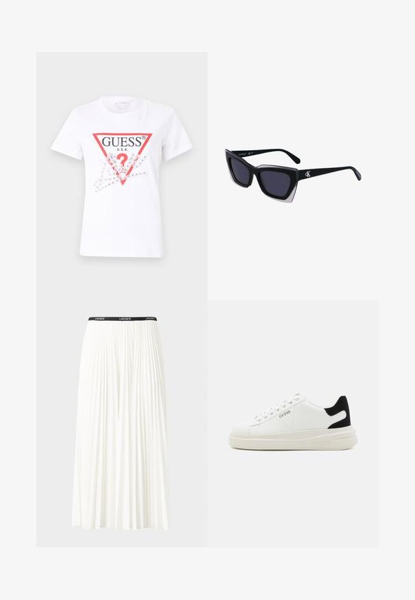 Balts kokvilnas T-krekls ar sarkanu trīsstūra logotipu, kurā ir uzraksts "GUESS U.S.A." un jautājuma zīme, rotāts ar caurspīdīgiem rhinestones un grafiskiem elementiem.; Gari plānas baltas svārku ar melnu elastīgu jostu, uz kuras redzams "LACOSTE" logo. Vidēja garuma dizains ar mīkstu tekstūru.; Baltas ādas sporta apavi ar biezu balto zoli, melna zamša uzpura un izspiestais logotips sānos. Šņorējuma dizains ar sešiem acu caurumiem.; Melni pārmēru saulesbrilles ar ģeometrisku formu, kas aprīkotas ar tumšiem stikliem un kontrastējošu pelēku akcentu uz rāmja. Logo uz kājas.
