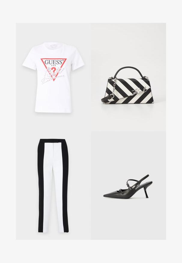 White cotton T-shirt featuring a red triangle logo with "GUESS U.S.A." and a question mark, embellished with clear rhinestones and graphic elements.; Black and white tapered trousers featuring a slim fit with contrasting panels. Fabric has a smooth texture; waistband is flat and fitted.; Black leather slingback heels with a pointed toe, slender heel, and decorative buckle detail on the vamp. Smooth texture and sleek design.; Black and white striped handbag with a structured shape, featuring a top handle, a detachable chain strap, and metallic logo accent.