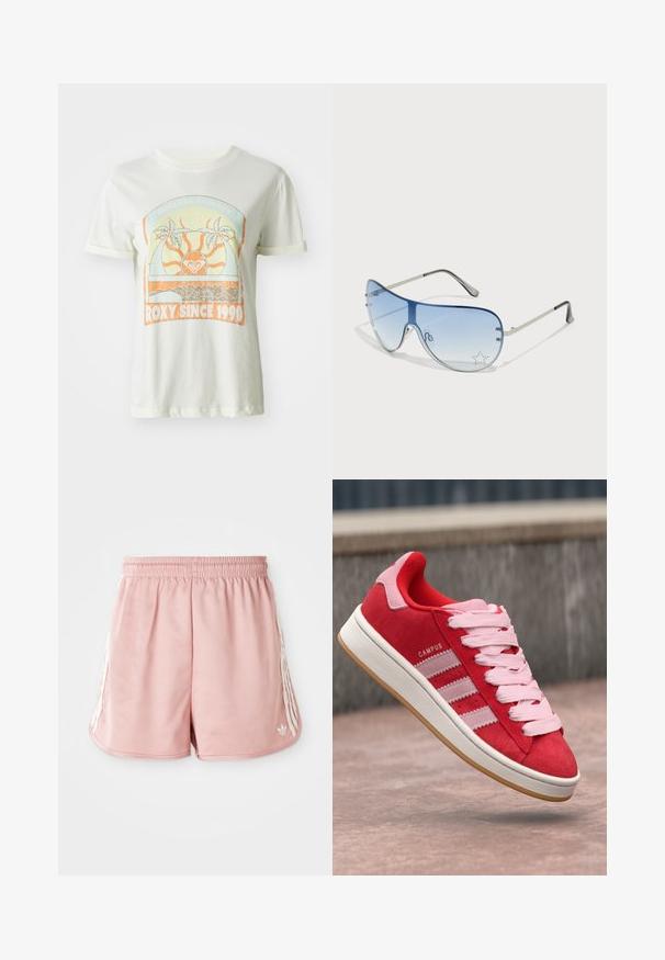 Krēmrūsa kokvilnas T-kreklā ar retro grafiku, kas attēlo palmas, sauli un uzrakstu "ROXY SINCE 1990" oranžā un teal krāsā. Īsas piedurknes.; Rozā sporta šorti ar elastīgu jostu, sānu baltas stripes detaļas un neliels logotips apakšējā kreisajā frontē. Gluda auduma tekstūra.; Sarkanie zamšas sporta apavi ar rozā akcentiem, tiem ir trīs baltas svītras un gaiši rozā auklas. Balta starpsole un gumijas zole.; Pilotstila saulesbrilles ar gradienta zilām lēcām, sudraba metāla rāmjiem un dekoratīvām zvaigžņu akcentiem uz lēcām. Gluda un eleganta dizaina.