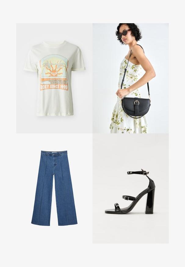 Krema barve bombažna majica s kratkimi rokavi, s retro grafiko palmovih dreves, sonca ter napisom "ROXY SINCE 1990" v oranžnih in teal odtenkih.; Jeans širokih nogavic v srednji modri barvi, z visokim pasom, gumbom in kontrastnimi navpičnimi šivi spredaj.; Črne lakirane sandale s peto, kvadratnim prstom, trakovi okrog gležnja in srebrnimi zaponkami. Opremljene so s stabilno Debelo peto.; Črna usnjena torbica s ukrivljeno obliko, z odstranljivo naramnico in zlatimi dodatki. Torbica ima pokrov s podrobnostmi v obliki zaponke.