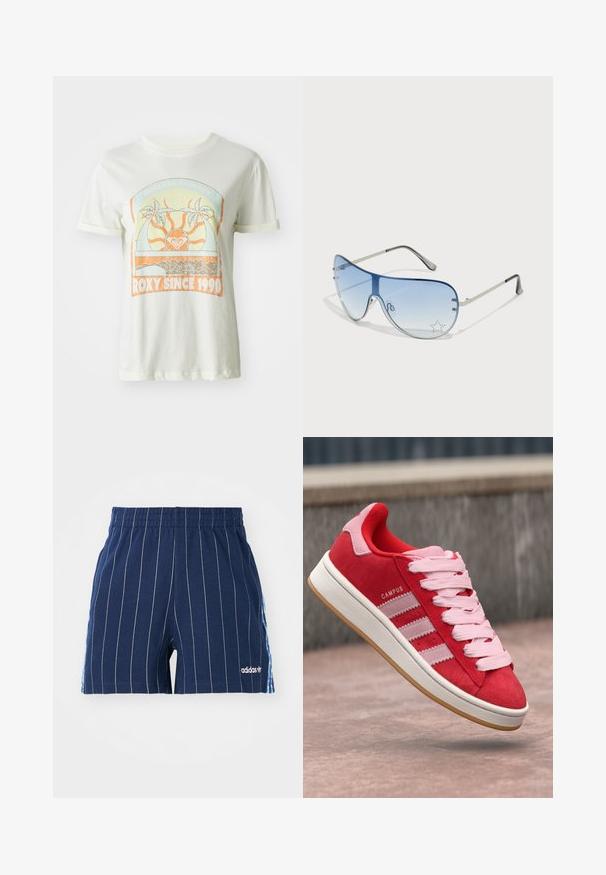 Camiseta de algodón color crema con un gráfico retro de palmeras, sol y "ROXY SINCE 1990" en acentos naranja y verde azulado. Mangas cortas.; Pantalones cortos azul marino con rayas blancas, cintura elástica y logo de Adidas. Presentan acentos azules en los laterales, hechos de una mezcla de algodón.; Zapatillas de ante rojo con acentos rosas, que presentan tres rayas blancas y cordones rosa claro. Suela intermedia blanca y suela exterior de goma marrón.; Gafas de sol tipo aviador con lentes azul degradado, montura de metal plateado y acentos decorativos de estrellas en los lentes. Diseño suave y elegante.