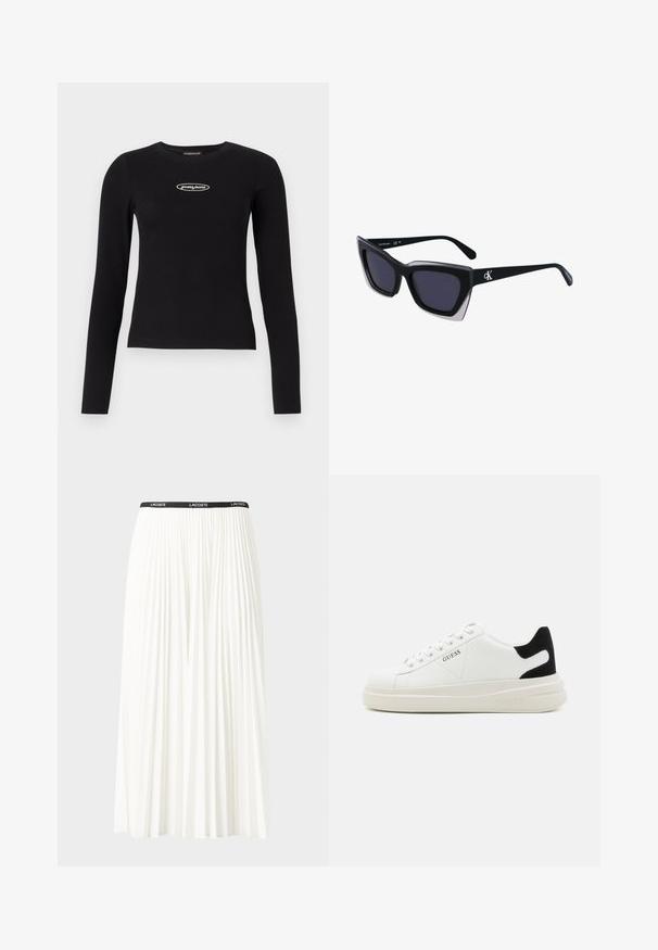 Melnā garā piedurkne topa, izgatavots no ribota materiāla. Iezīmē apļa kakla izgriezumu un mazu baltu LOGO uz krūtīm. Pieguļošs dizains.; Gari plānas baltas svārku ar melnu elastīgu jostu, uz kuras redzams "LACOSTE" logo. Vidēja garuma dizains ar mīkstu tekstūru.; Baltas ādas sporta apavi ar biezu balto zoli, melna zamša uzpura un izspiestais logotips sānos. Šņorējuma dizains ar sešiem acu caurumiem.; Melni pārmēru saulesbrilles ar ģeometrisku formu, kas aprīkotas ar tumšiem stikliem un kontrastējošu pelēku akcentu uz rāmja. Logo uz kājas.